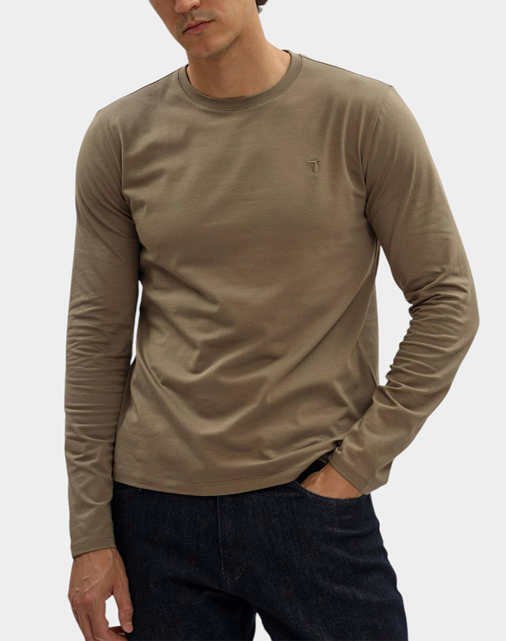 TRUSSARDI TRUSSARDI T-SHIRT SLIM FIT A MANICHE LUNGHE IN JERSEY STRETCH CON RICAMO MTL01J01-035 Khaki