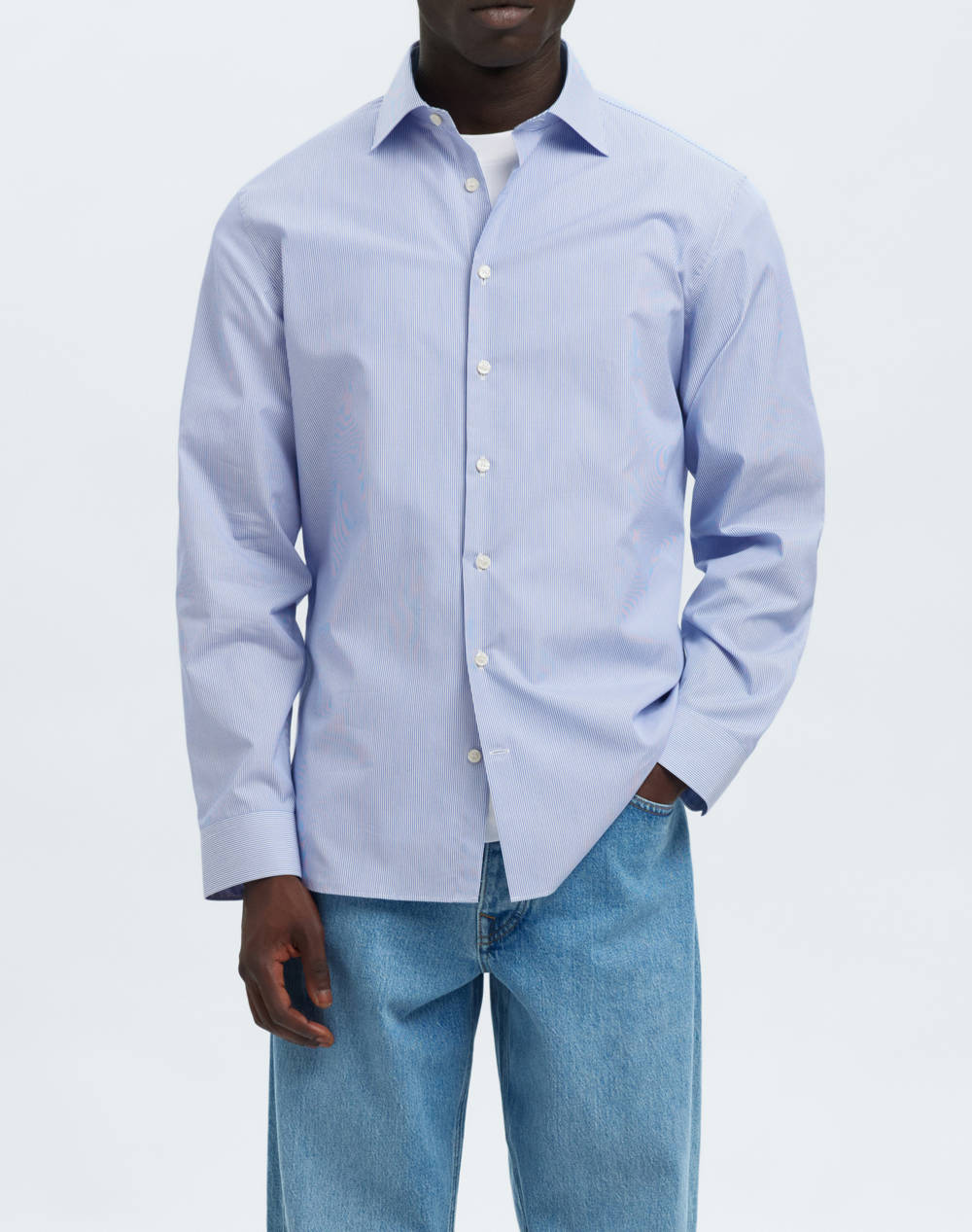 SELECTED SLHSLIM-LUX POPLIN MIX SHIRT LS NOOS 16098231-Bright WhiteNavy LightBlue