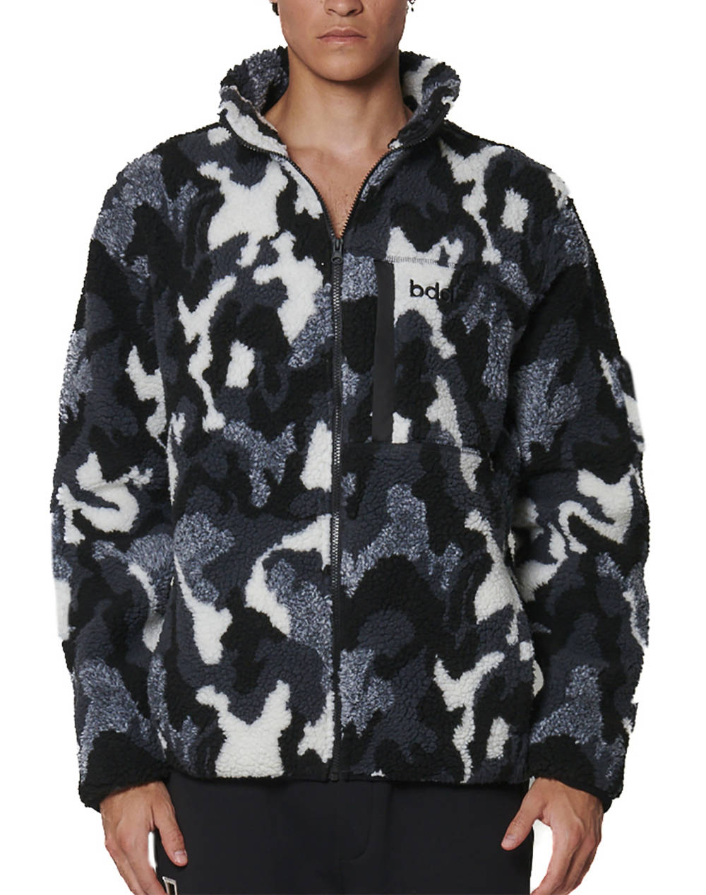 BODY ACTION MEN''S PRINTED SHERPA-FLEECE JACKET 073529-01-CAMO BLACK GREY Multi