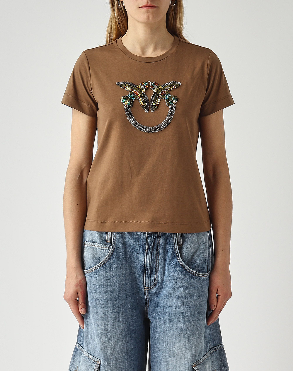 Pinko Γυναικείο T-Shirt Κοντομάνικο Καφέ Βαμβάκι