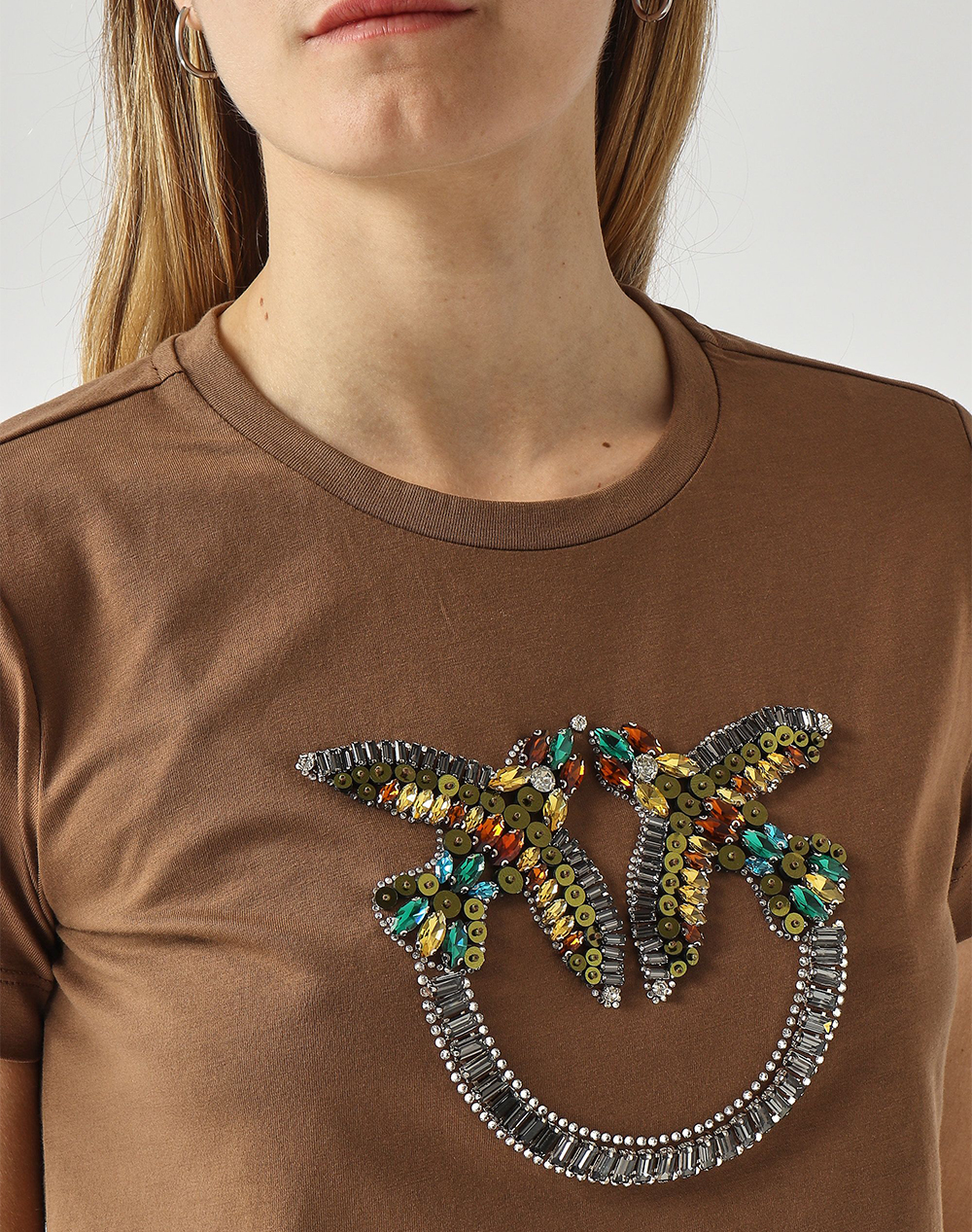 Pinko Quentin T-Shirt Jersey Ricamo 100535A33F-L78 Brown Γυναικεία ρούχα μπλούζες Τ-Shirt Politikos Shop Πολιτικός