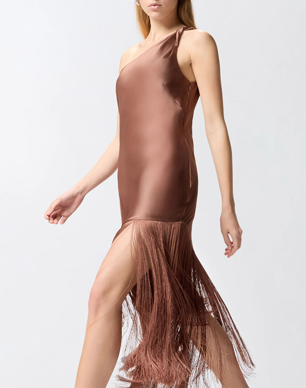 Pinko Kiwi Abito Satin Con Frange 106352A33D-L50 Chocolate Γυναικεία ρούχα φορέματα Politikos Shop Πολιτικός