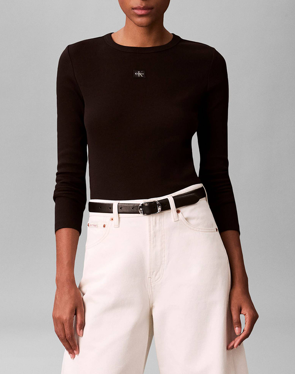 CALVIN KLEIN LS WOVEN LABEL 2X2 RIB CREW TOP LV047E205G-UB1 Black