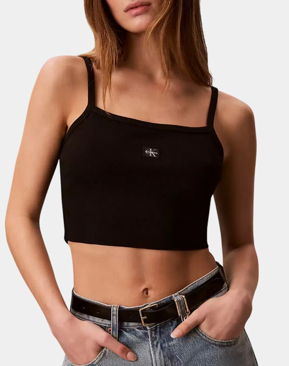 Calvin Klein Jeans Sl Woven Label 2X2 Baby Rib Crop Lv047F221G-Ub1 Black Γυναικεία ρούχα μπλούζες Τοπ Κορμακια Politikos Shop Πολιτικός