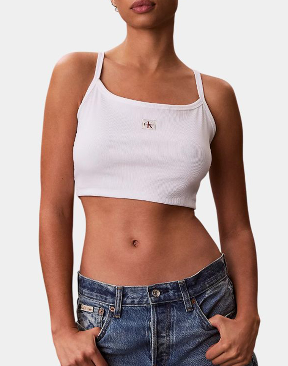 CALVIN KLEIN JEANS SL WOVEN LABEL 2X2 BABY RIB CROP LV047F221G-YAF White