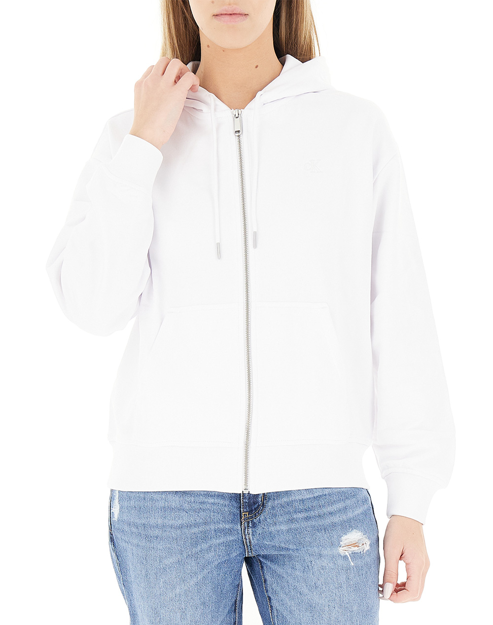 Calvin Klein Γυναικεία Φούτερ Ζακέτα Άσπρο Βαμβάκι Πολυεστέρας