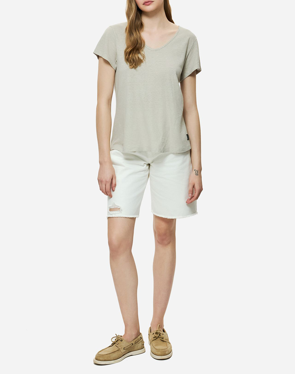 Dirty Laundry V-Neck Linen Blend T-Shirt Dlwt000152-Sand Mixed Γυναικεία ρούχα μπλούζες Τ-Shirt Politikos Shop Πολιτικός