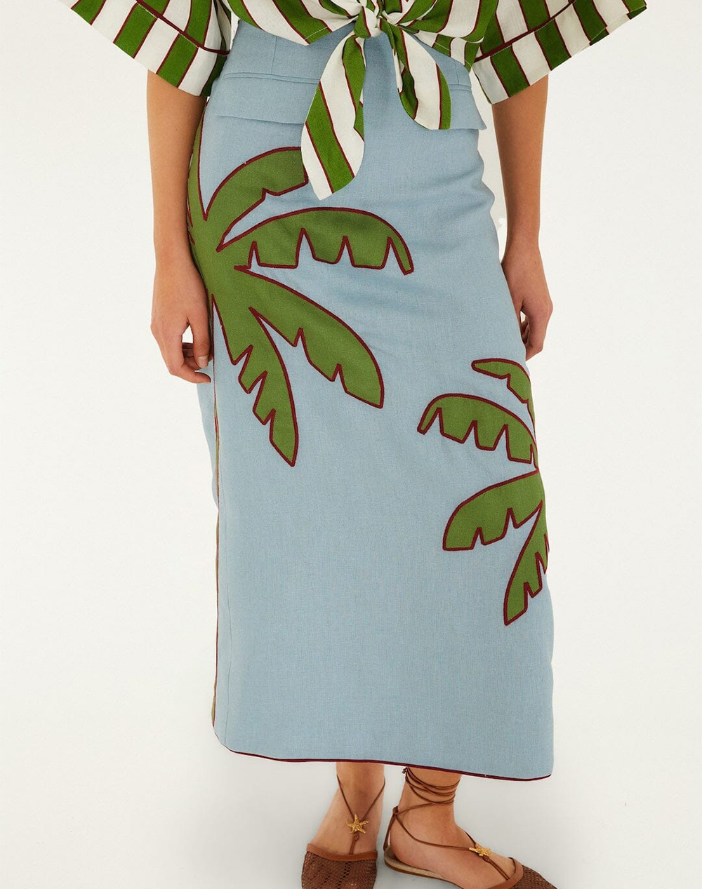 FARM RIO BLUE EMBROIDERED PALM TREE MAXI SKIRT-BLUE 349074-L0003 Blue