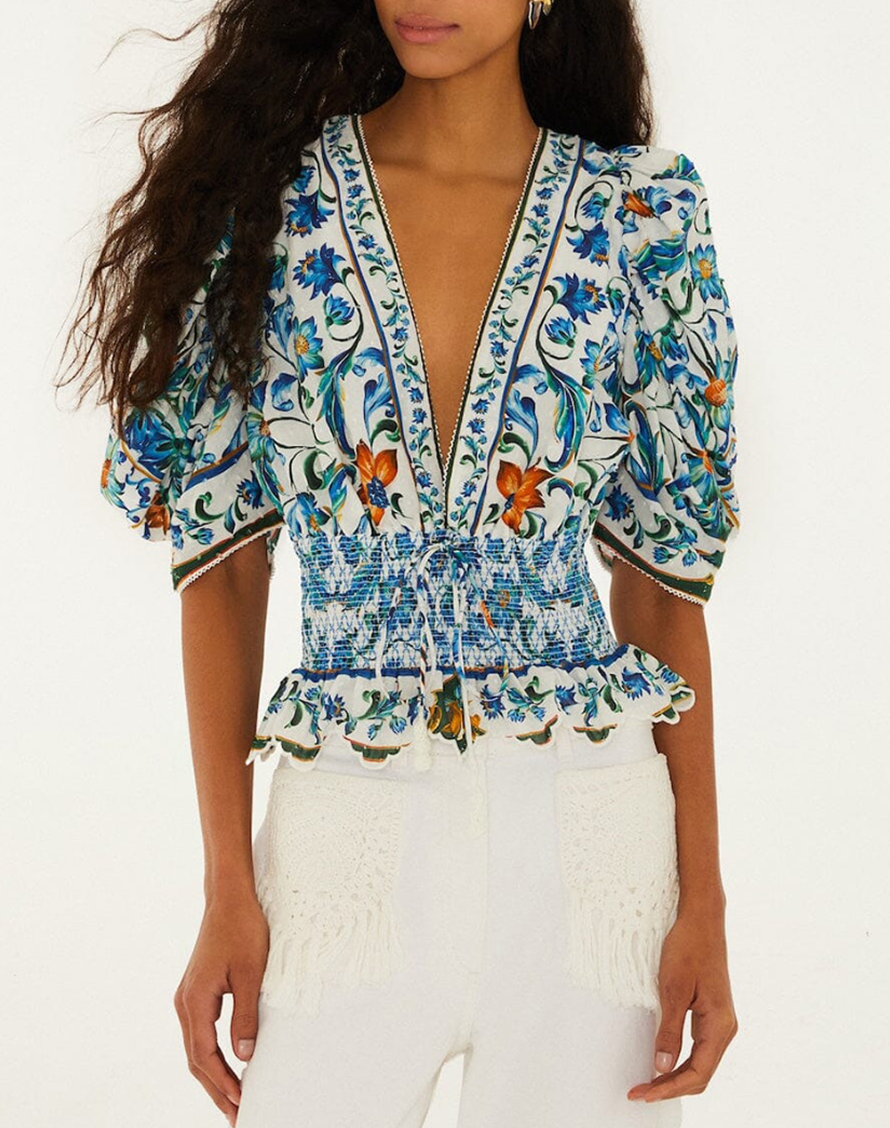 FARM RIO FLORA TILE OFF-WHITE BLOUSE-FLORA TILE OFF-WHITE 348831-26038 Multi