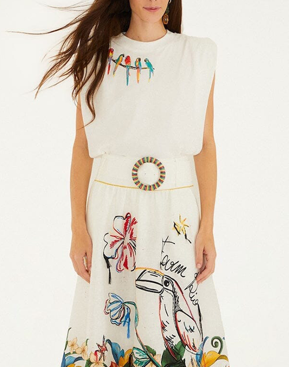 FARM RIO BIRDS ON BRANCH SHOULDER PADS TANK TOP-OFF-WHITE 348551-L0025 OffWhite