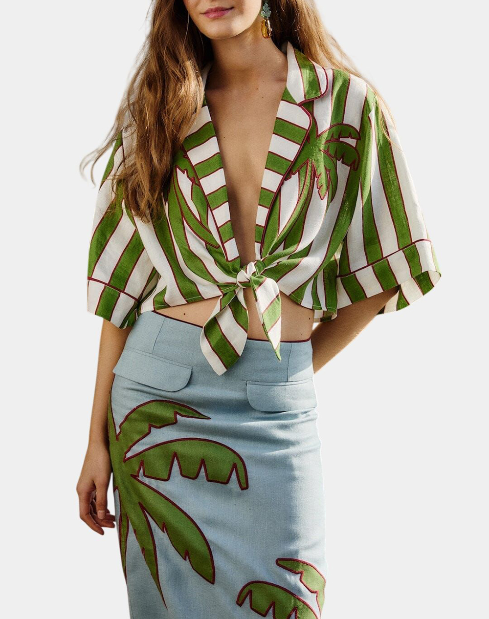 FARM RIO SPRING STRIPES GREEN SHORT SLEEVE CROP TOP-SPRING STRIPES GREEN 349073-26090 Green