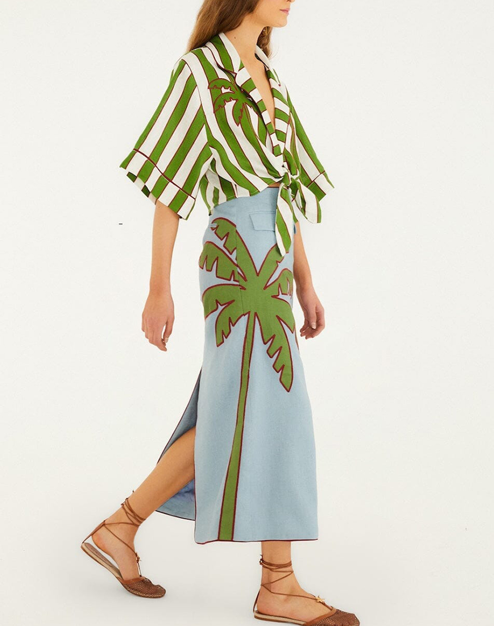 Farm Rio Spring Stripes Green Short Sleeve Crop Top-Spring 349073-26090 Γυναικεία ρούχα μπλούζες Τοπ Κορμακια Politikos Shop Πολιτικός