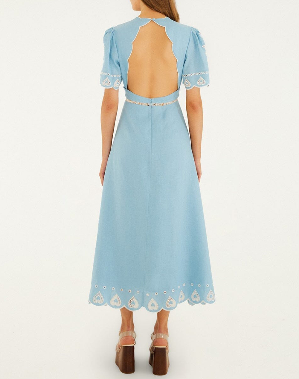 FARM RIO LIGHT BLUE EMBROIDERY SHORT SLEEVE MIDI DRESS-BLUE 348855-L0003 LightBlue