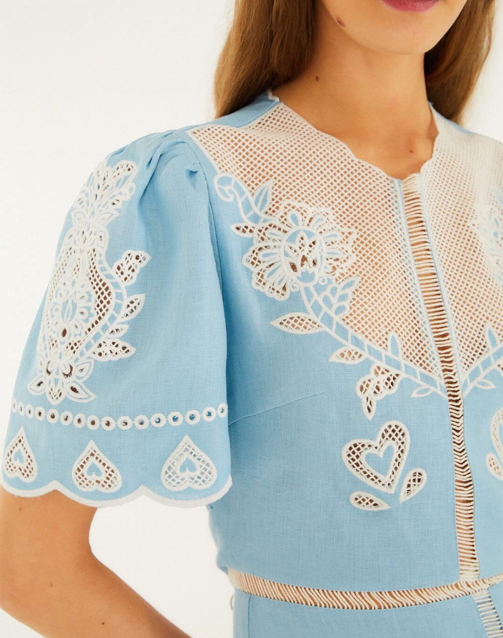 Farm Rio Light Blue Embroidery Short Sleeve Midi Dress-Blue 348855-L0003 Lightblue Γυναικεία ρούχα φορέματα Politikos Shop Πολιτικός