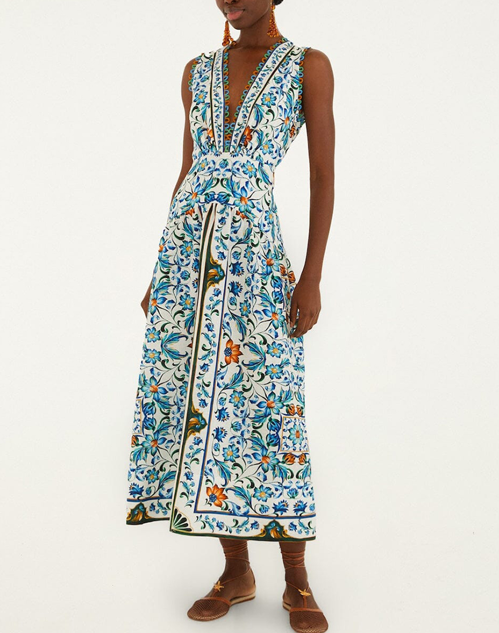 FARM RIO FLORA TILE OFF-WHITE MIDI DRESS-FLORA TILE OFF-WHITE 349089-26038 Multi