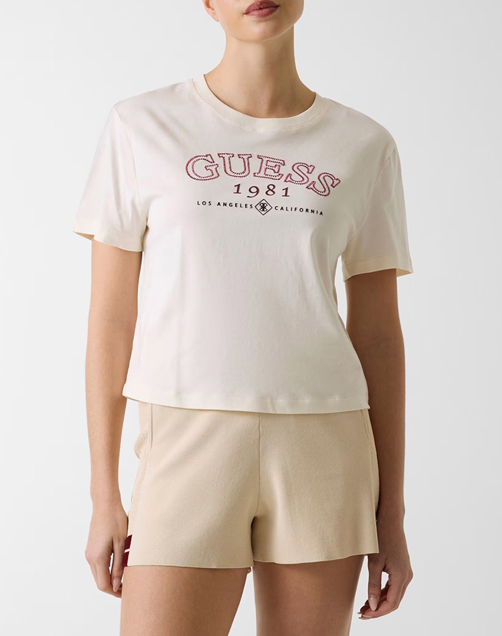 Guess Γυναικείο T-Shirt Κοντομάνικη Κρεμ Βαμβάκι