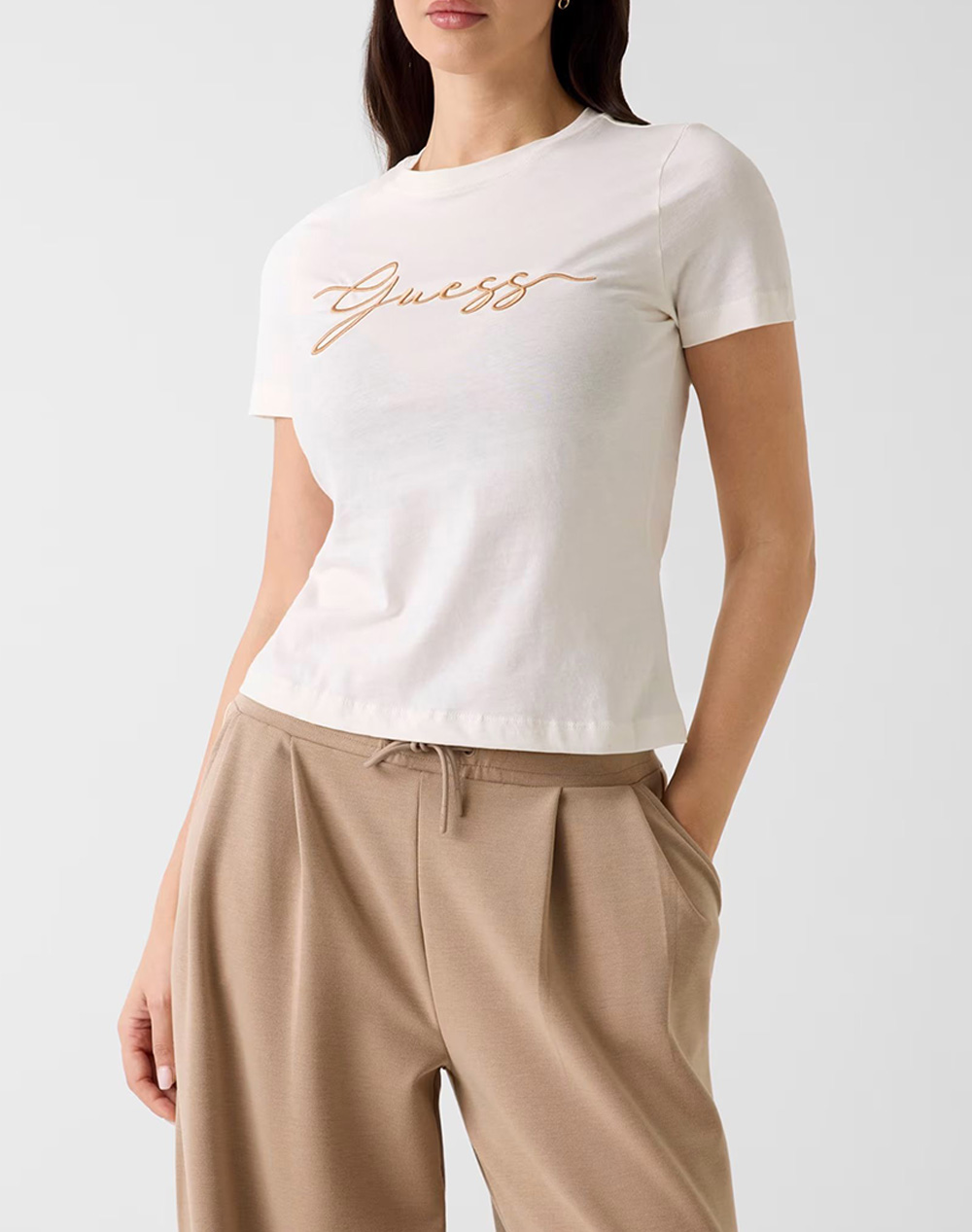 Guess Γυναικείο T-Shirt Κοντομάνικη Υπολευκό Βαμβάκι