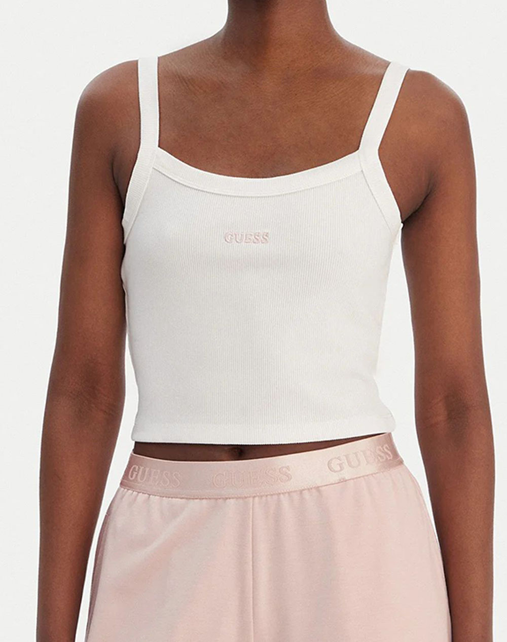Guess Γυναικείο Crop Top Υπολευκό Βισκόζη Ελαστάνη
