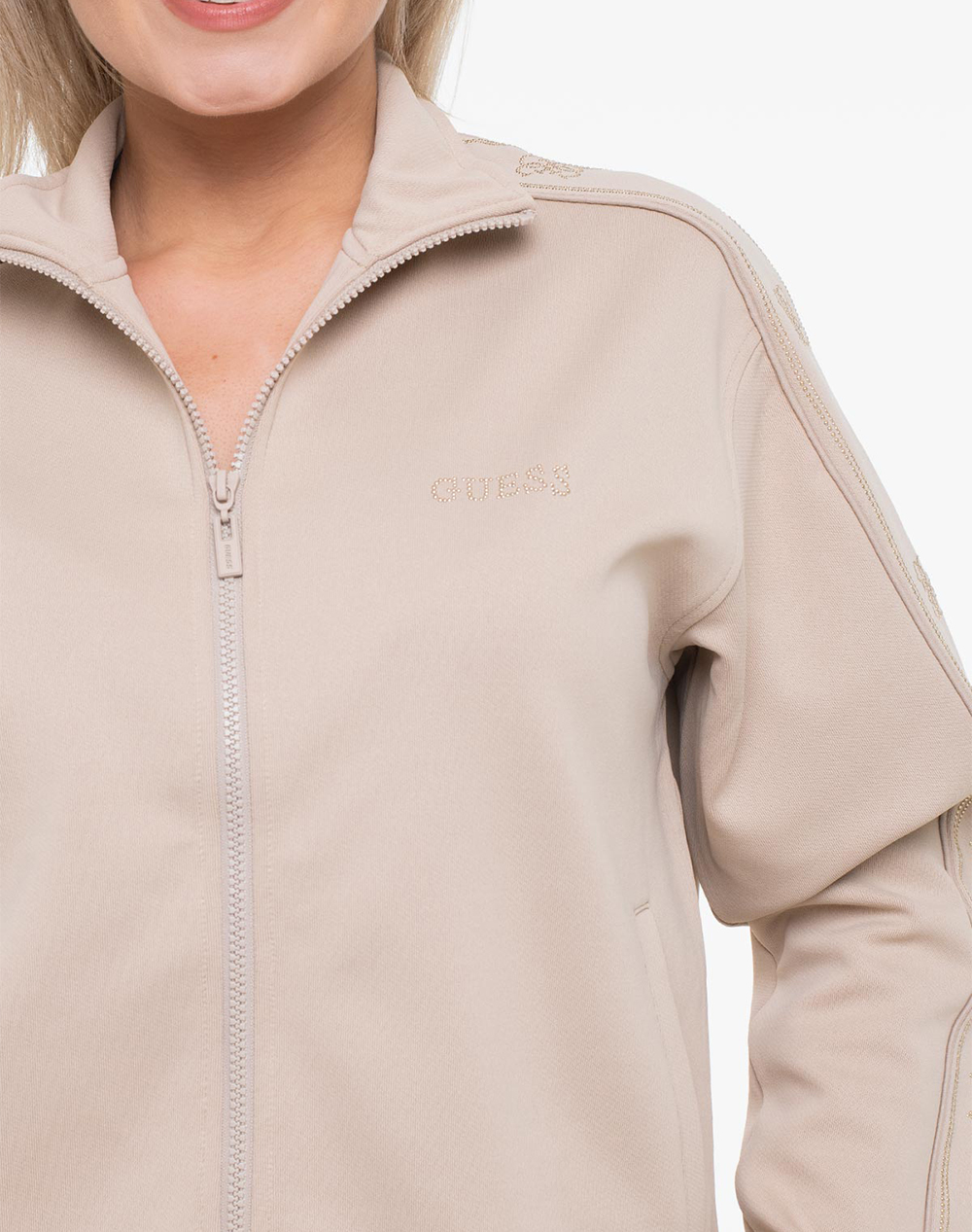 Guess Octavia High Neck Full-Zip Swe Φούτερ Γυναικείο V5Bq15Kcx22-G1Bw Sandybrown Γυναικεία ρούχα μπλούζες φούτερ Politikos Shop Πολιτικός