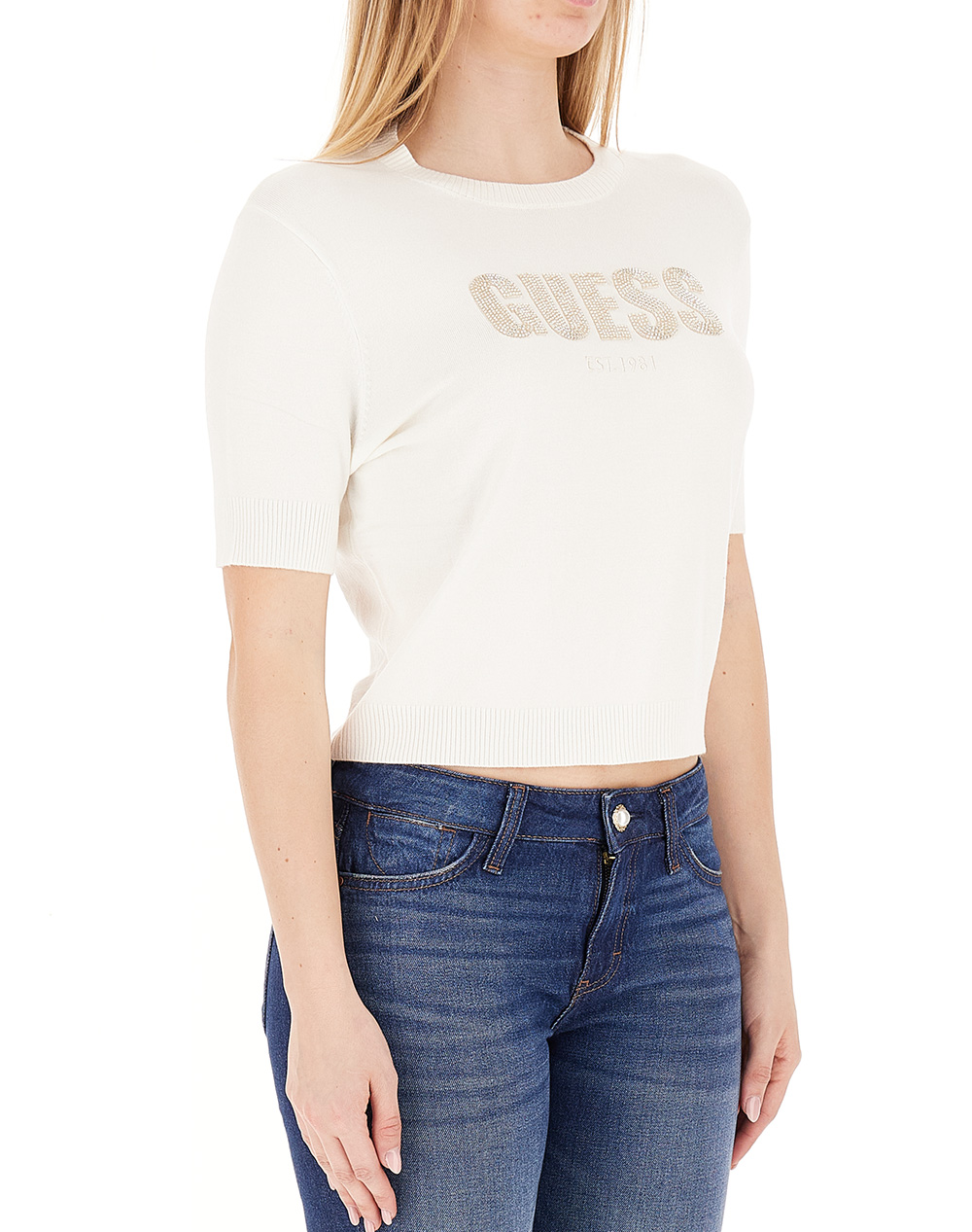 Guess Ss Cn Norah Logo Swtr Πλεκτο Γυναικείο W6Rr47Z2Nq2-G012 Offwhite Γυναικεία ρούχα μπλούζες Τ-Shirt Politikos Shop Πολιτικός