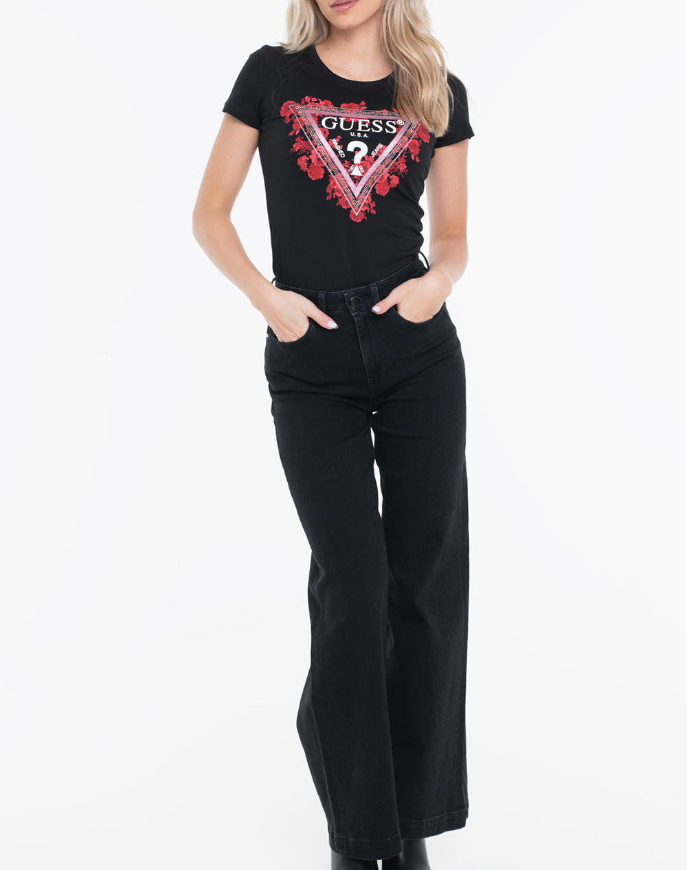 Guess Ss Cn Flowers Triangle Tee Μπλούζα Γυναικείο W6Ri23J1314-Jblk Black Γυναικεία ρούχα μπλούζες Τ-Shirt Politikos Shop Πολιτικός