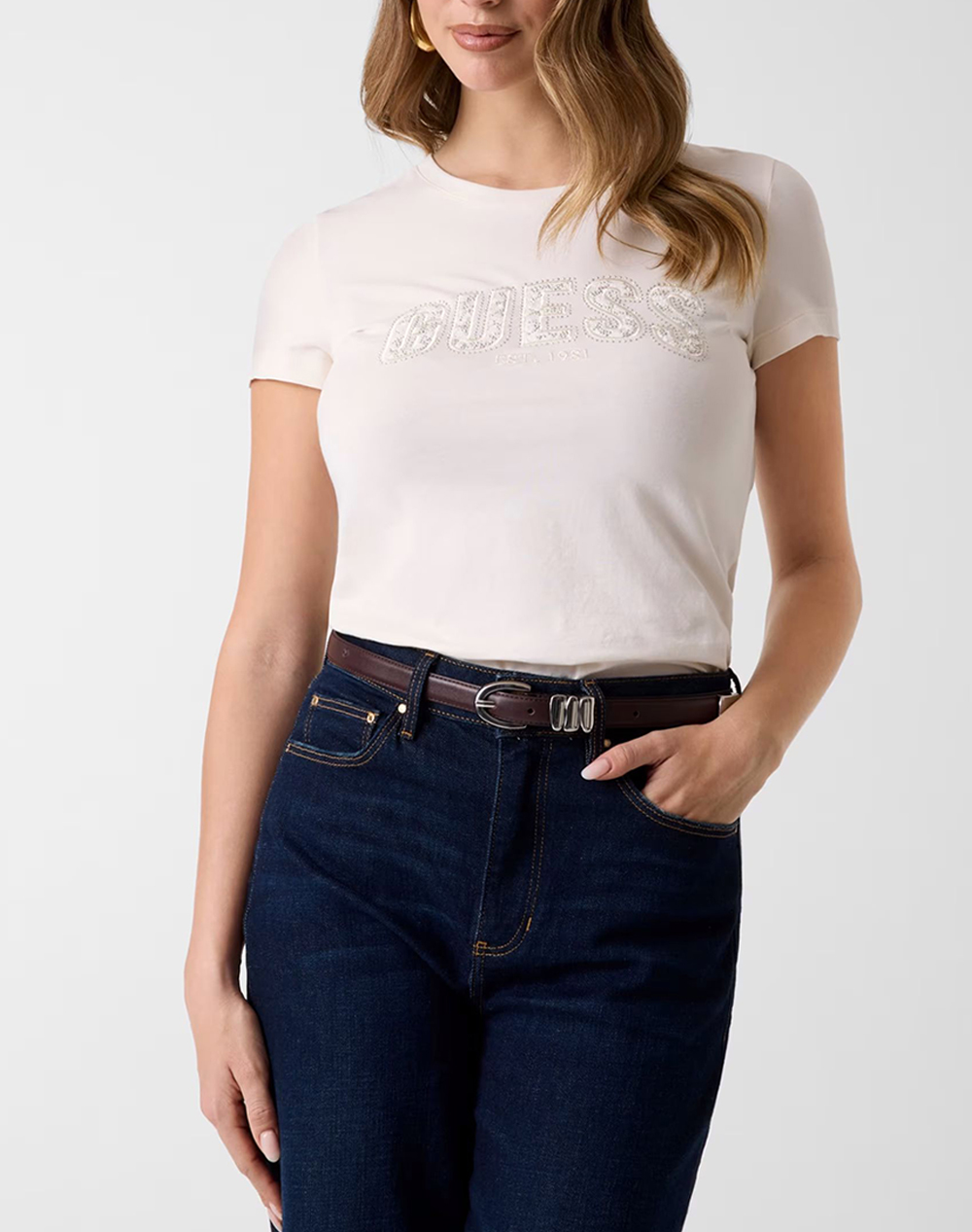 Guess Cn Ss Logo Lace Tee Μπλούζα Γυναικείο W5Gi04J1314-G012 Cream Γυναικεία ρούχα μπλούζες Τ-Shirt Politikos Shop Πολιτικός