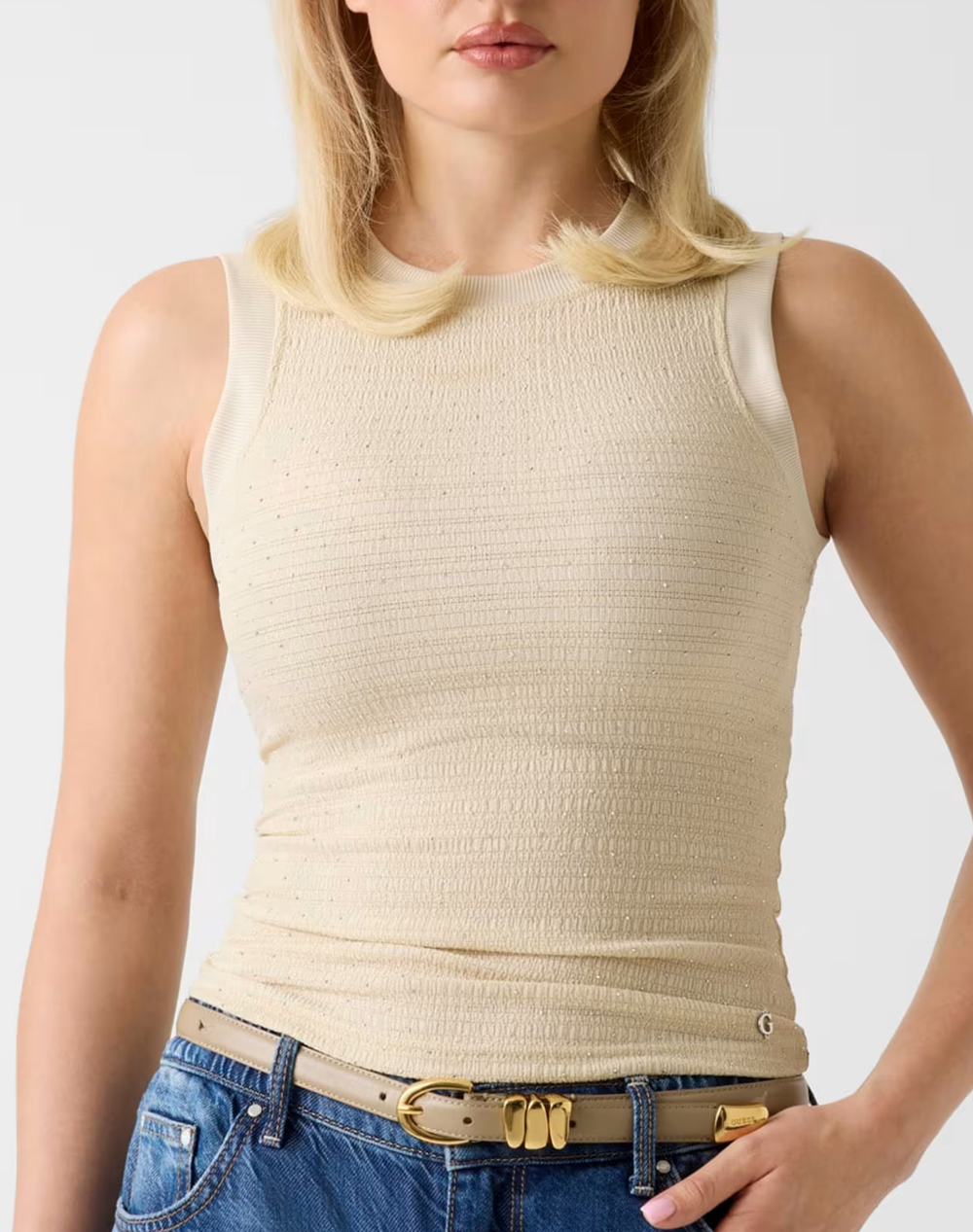 GUESS SL FRANCINE SMOCK HOTFIX TOP ΜΠΛΟΥΖΑ ΓΥΝΑΙΚΕΙΟ W6GP14K2940-F1CY Biege