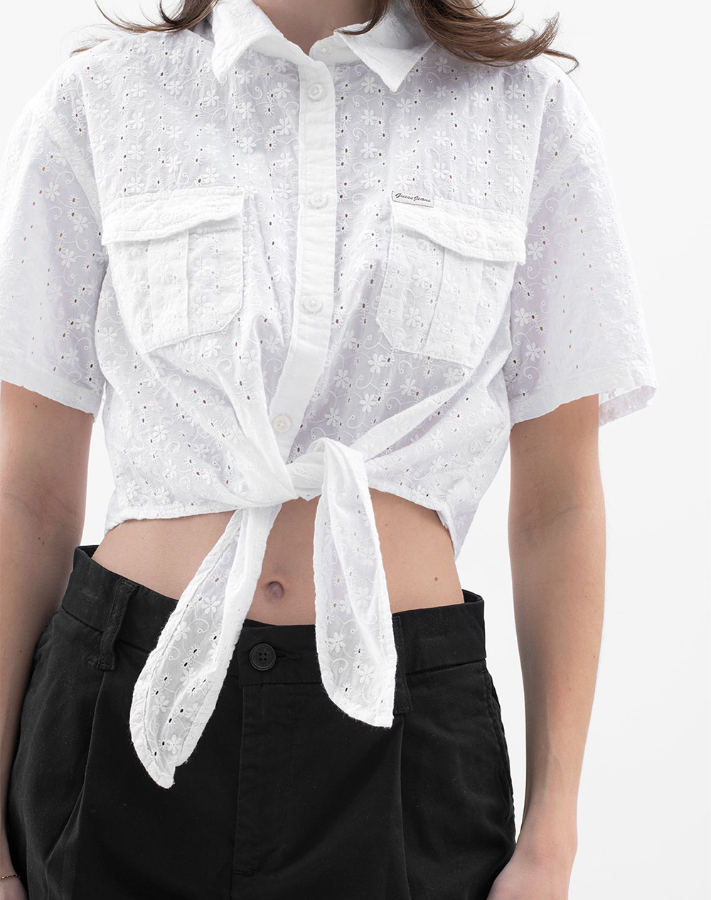 Guess Jeans Gj Cropped Front Tie Top Πουκαμισο Γυναικείο W6Gha3Wo331-G011 White Γυναικεία ρούχα πουκάμισα Politikos Shop Πολιτικός