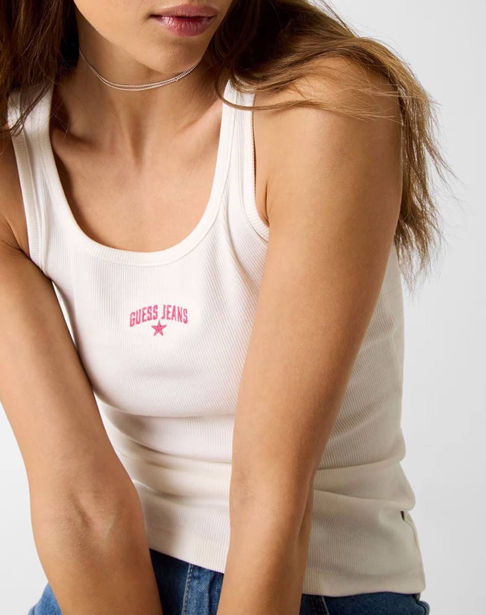 Guess Jeans Gj Rib Embro Tank Top Μπλούζα Γυναικείο W6Gpz2Ka0H1-G046 White Γυναικεία ρούχα μπλούζες Τοπ Κορμακια Politikos Shop Πολιτικός