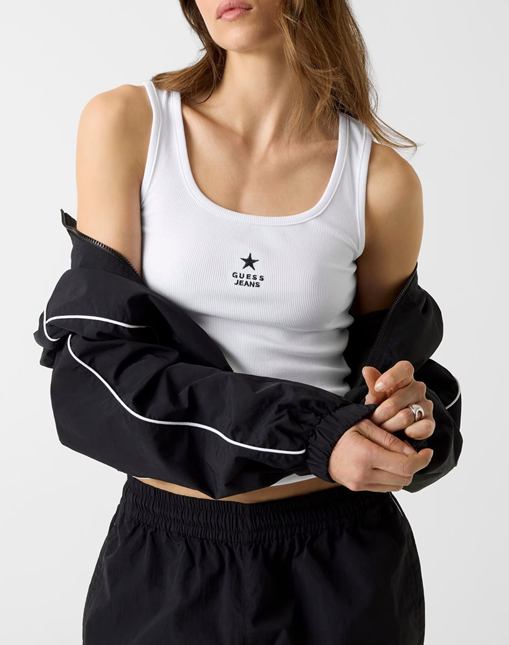 Guess Jeans Gj Tank Top Slim Rib Emb Μπλούζα Γυναικείο W4Yp48Ka0H1-G011 White Γυναικεία ρούχα μπλούζες Τοπ Κορμακια Politikos Shop Πολιτικός