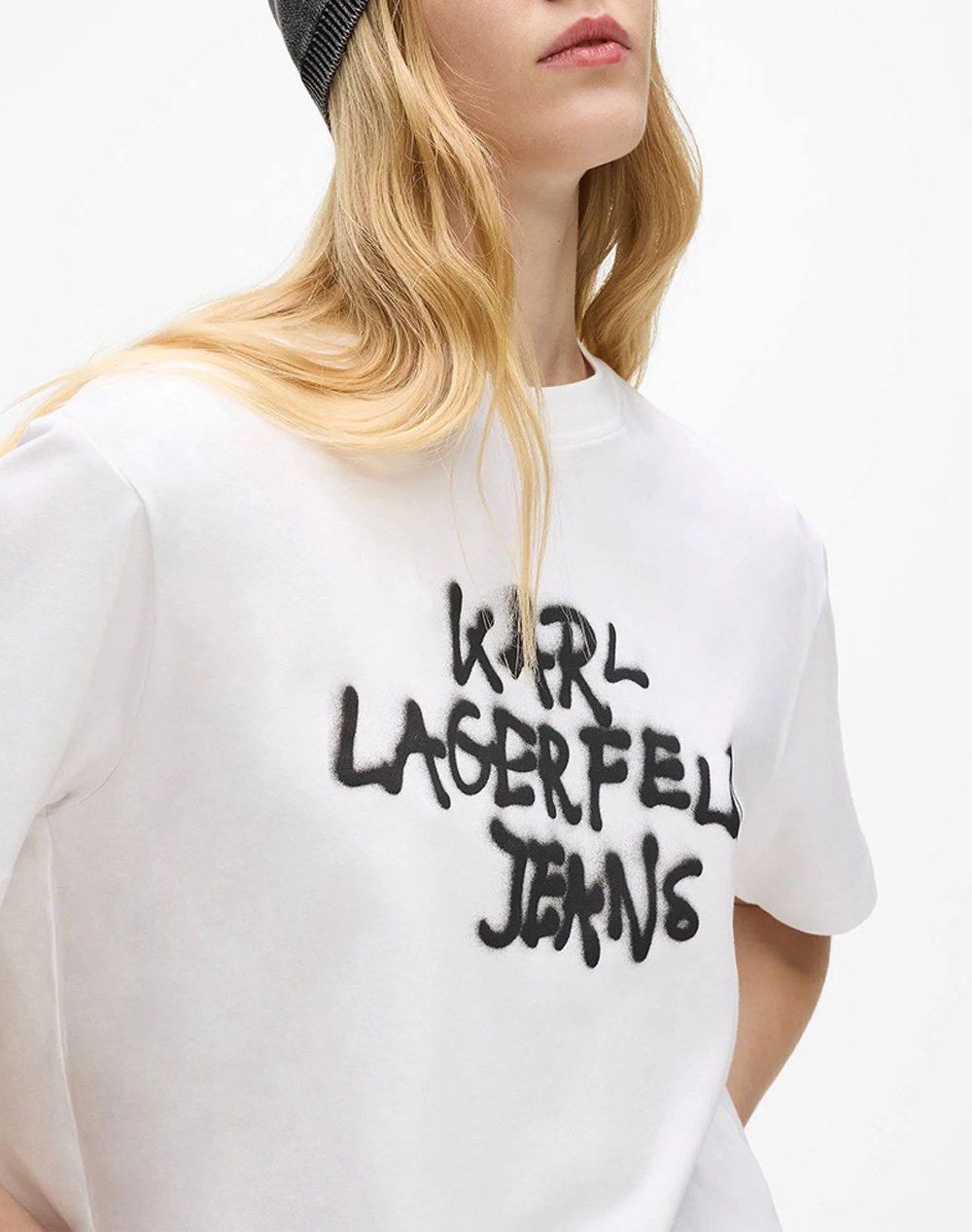 Karl Lagerfeld Jeans Klj Reg Cropped Graffiti Tee B1W17054-100 White Γυναικεία ρούχα μπλούζες Τ-Shirt Politikos Shop Πολιτικός