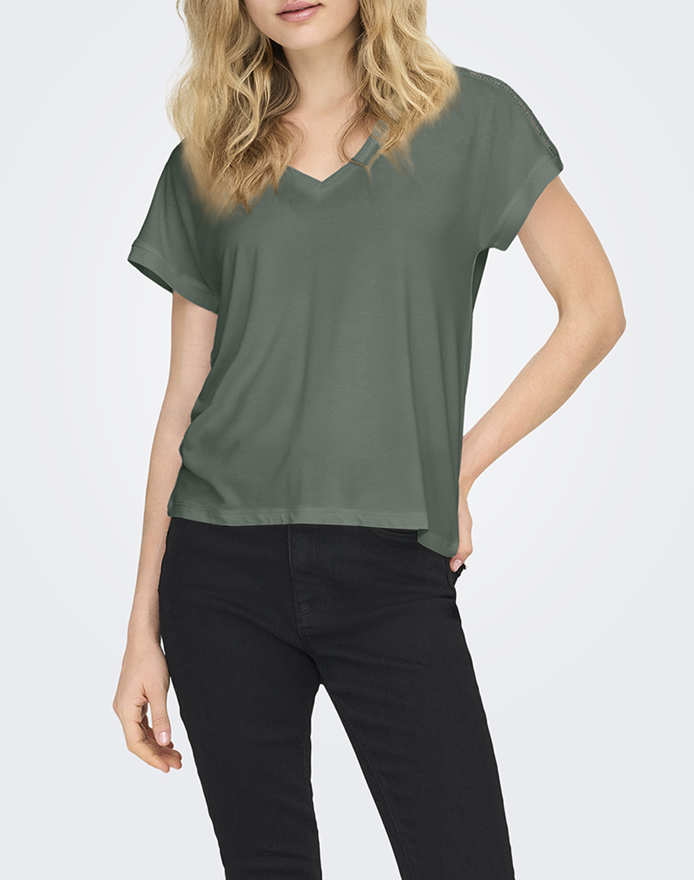 ONLY ONLFREE LIFE S/S V-NECK LACE TOP JRS 15369294-Laurel WreathSkyelace Olive
