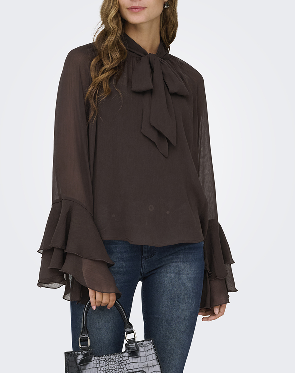 ONLY ONLPENINNA LS FRILL TIE TOP WVN 15367241-Coffee Bean Brown