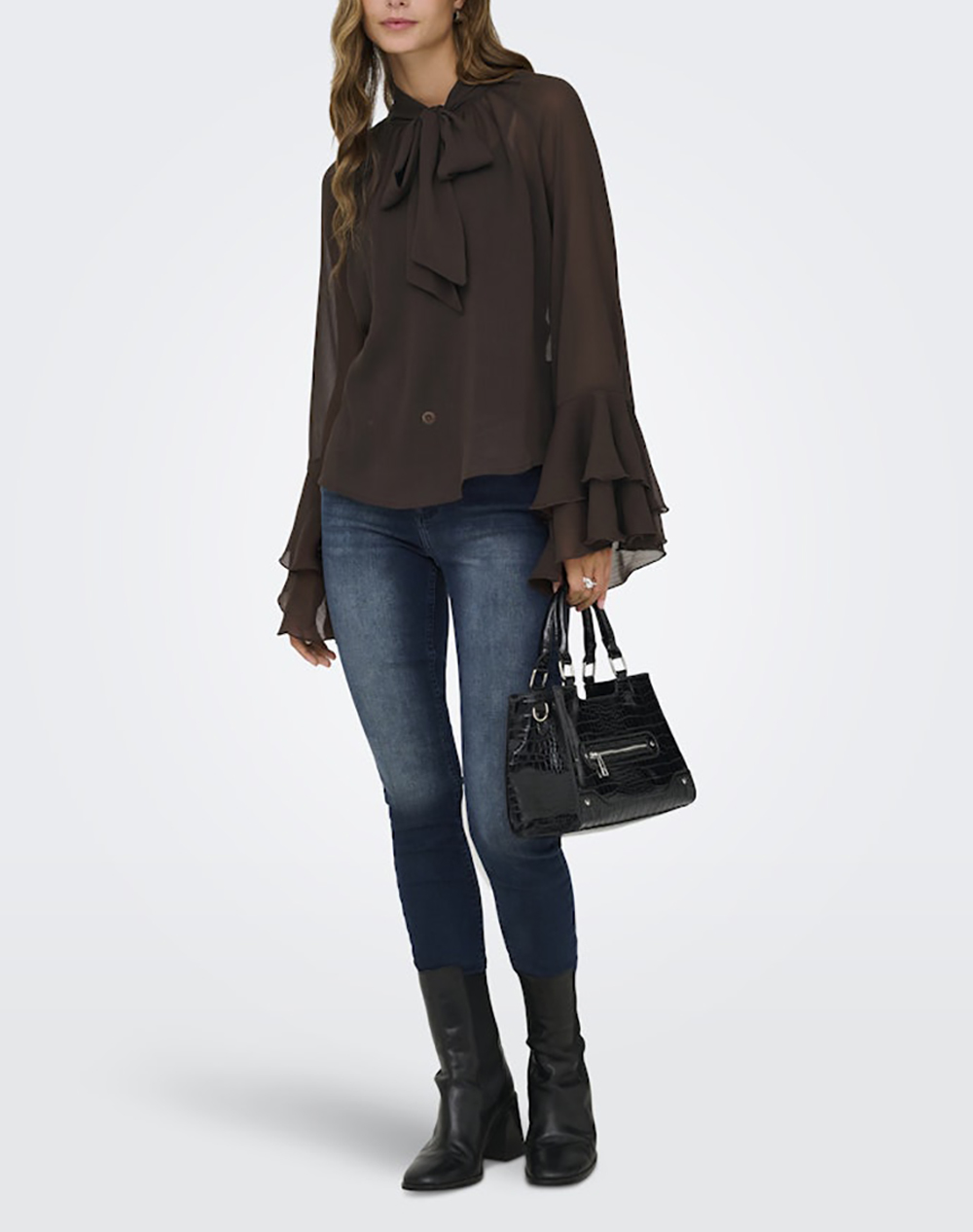 Only Onlpeninna Ls Frill Tie Top Wvn 15367241-Coffee Bean Brown Γυναικεία ρούχα μπλούζες Τοπ Κορμακια Politikos Shop Πολιτικός