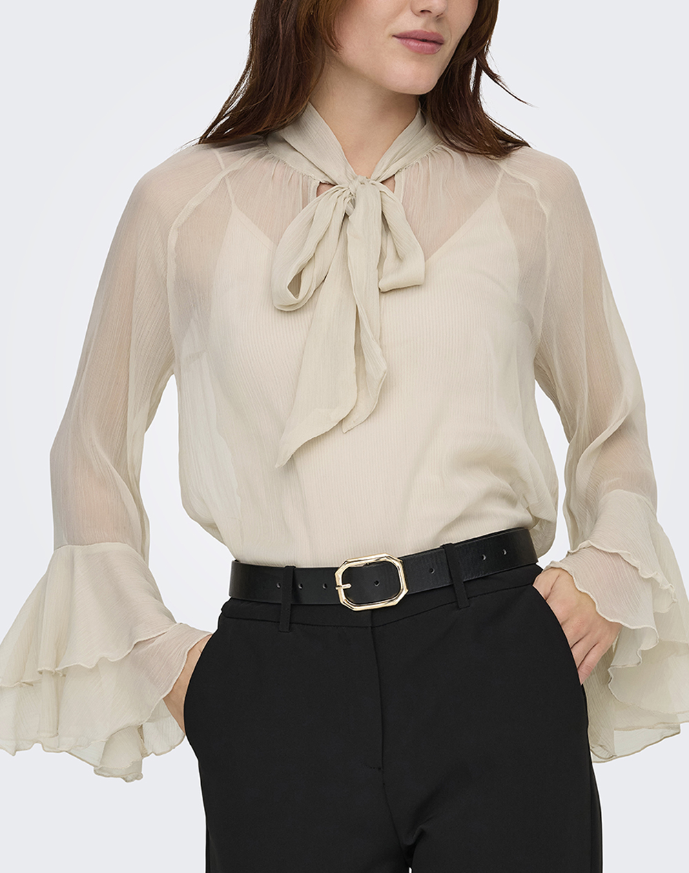 ONLY ONLPENINNA LS FRILL TIE TOP WVN 15367241-Oxford Tan OffWhite