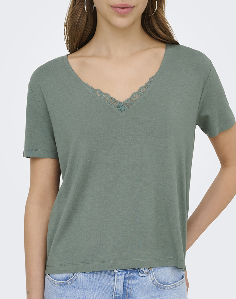 ONLY ONLRILLA S/S V-NECK LACE TOP JRS 15369760-Laurel Wreath DarkGreen