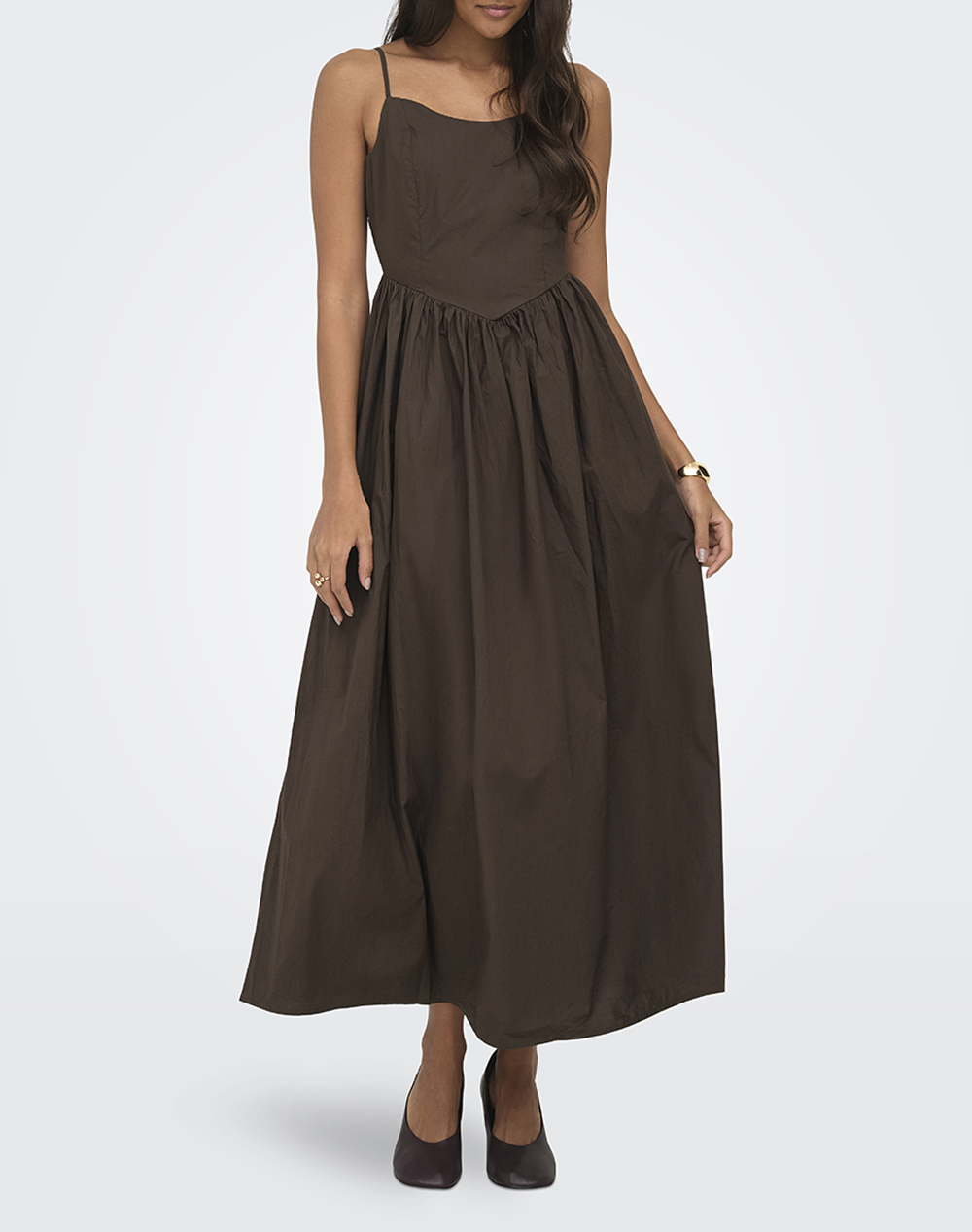 Only Onllikara Strap Waist Long Dress Wvn 15371869-Shopping Bag Brown Γυναικεία ρούχα φορέματα Politikos Shop Πολιτικός
