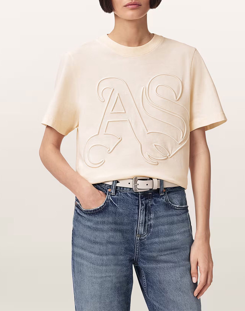 ALL SAINTS LISA EMBOS TEE W148JE-PEBBLE WHITE Cream