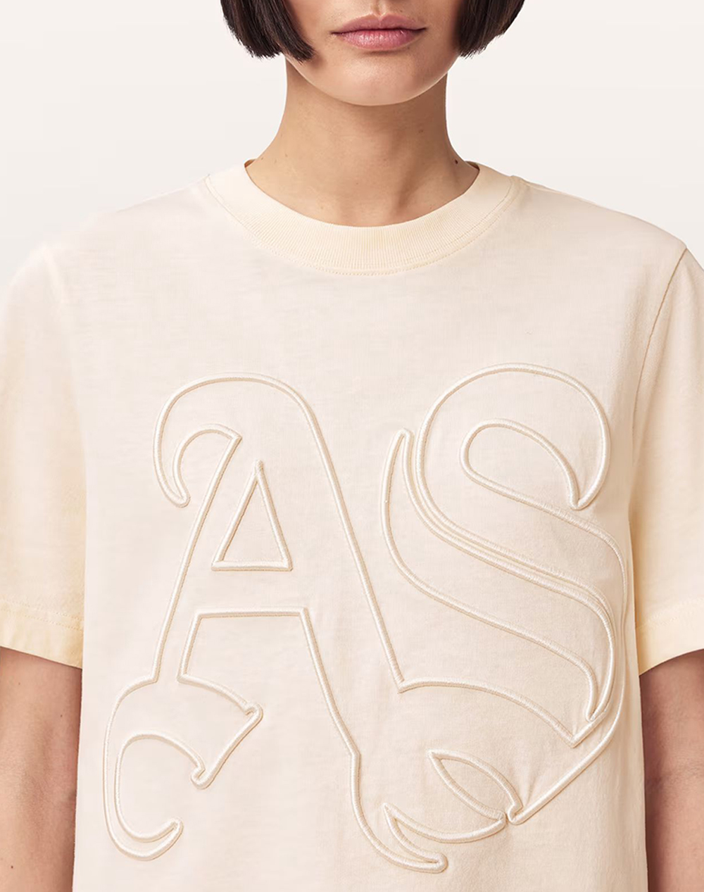 All Saints Lisa Embos Tee W148Je-Pebble White Cream Γυναικεία ρούχα μπλούζες Τ-Shirt Politikos Shop Πολιτικός