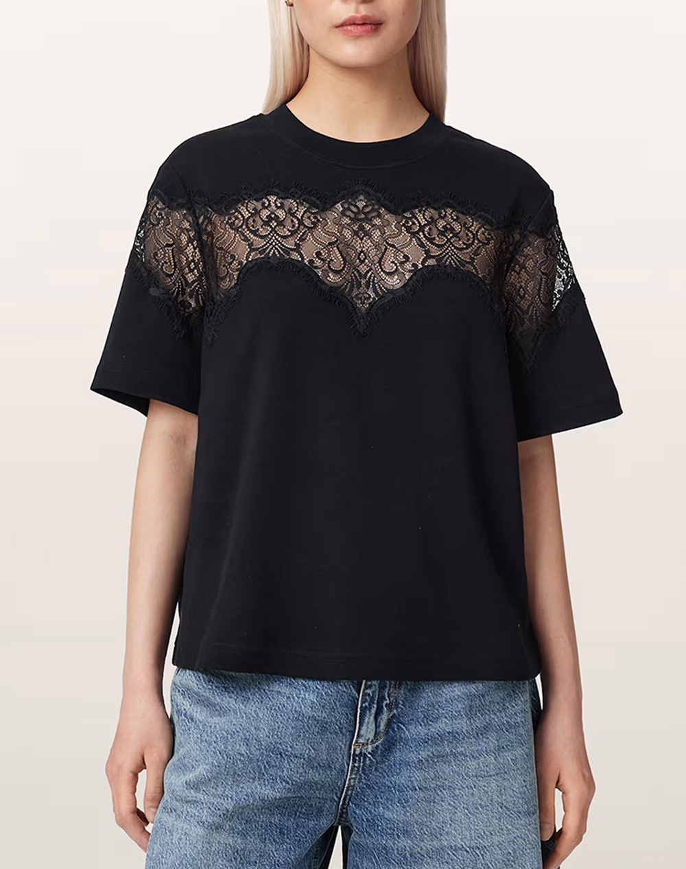 ALL SAINTS LISA LACE TEE W071JE-BLACK Black