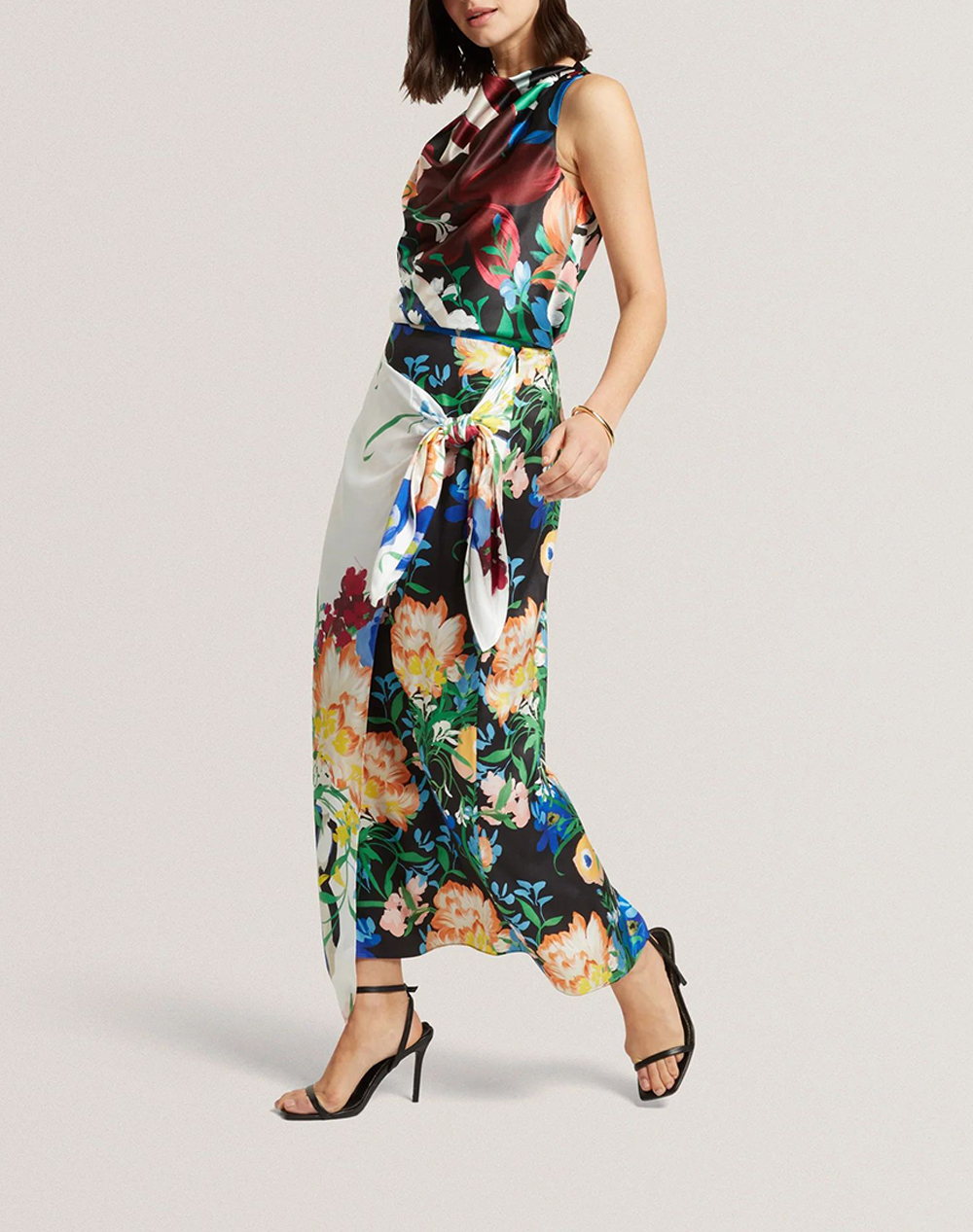 Ted Baker Allmia Floral Print Knot Detail Wrap Midi Skirt 284193-Black Multi Γυναικεία ρούχα φούστες Politikos Shop Πολιτικός