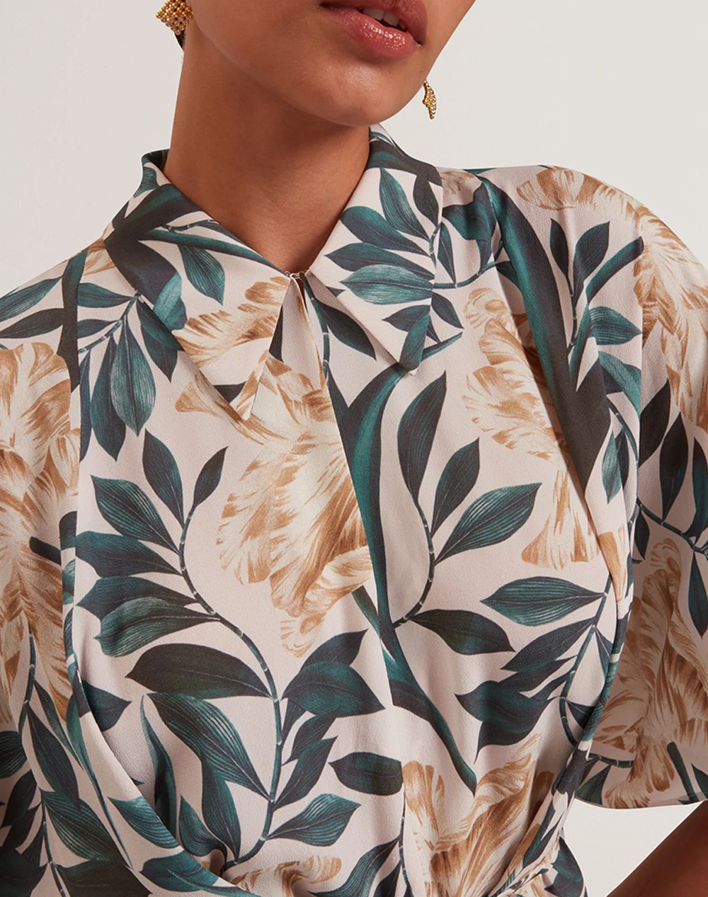 Ted Baker Gehmma Printed Tie Detail Short Sleeve Shirt 282463-Cream Mixed Γυναικεία ρούχα πουκάμισα Politikos Shop Πολιτικός