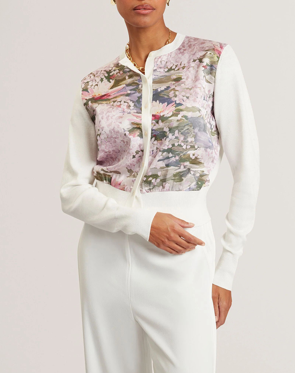 TED BAKER SISILLA Printed Woven Front Cardigan 284159-IVORY Ivory