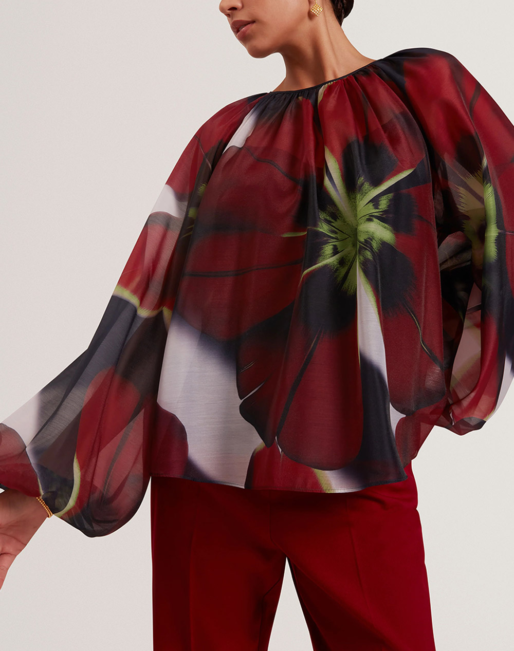 TED BAKER ELAIA Printed Organza Puff Sleeve Blouse 283849-NAVY Mixed