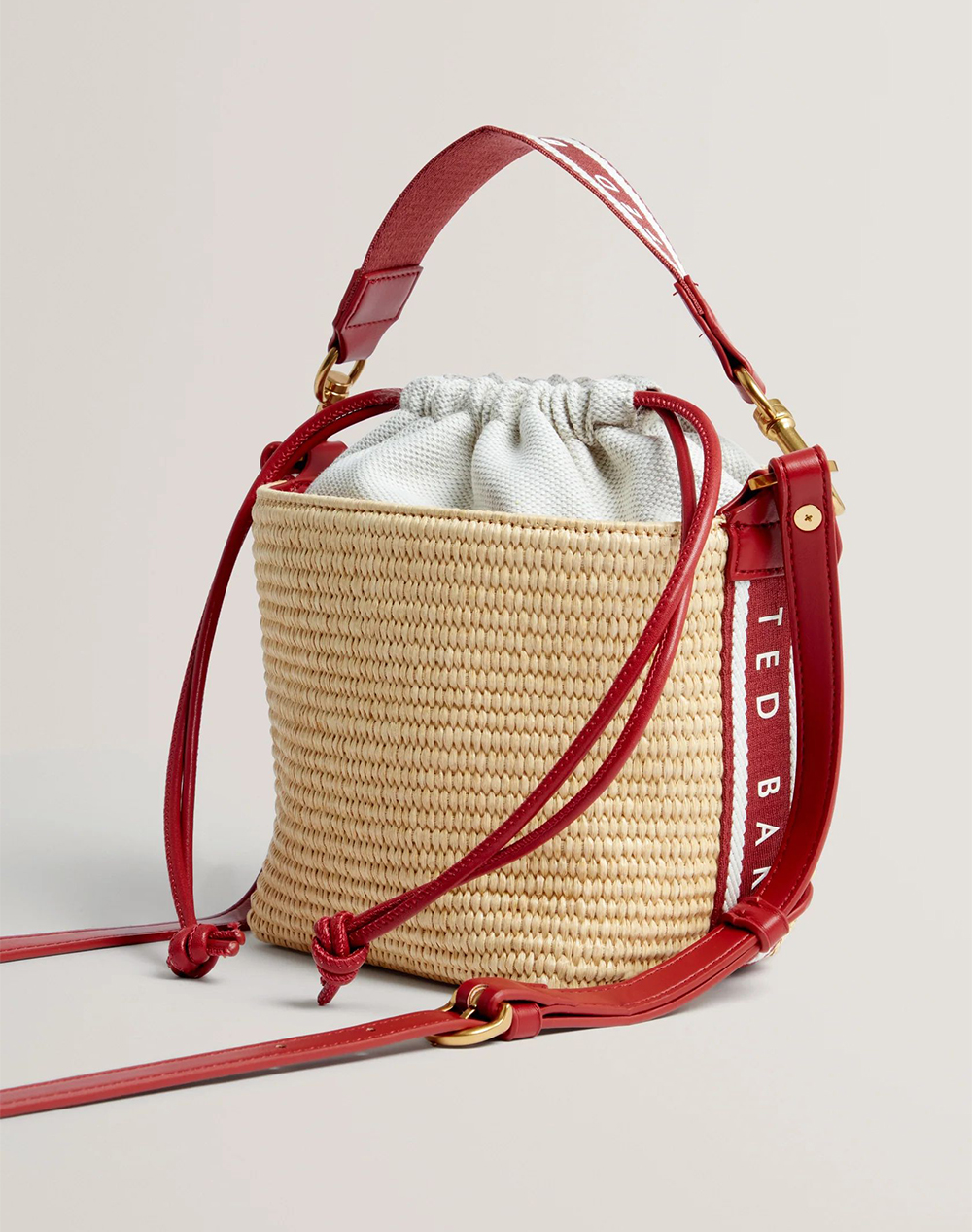 TED BAKER RAFFYNA Webbing Detail Raffia Small Bucket Bag 284053-RED Red