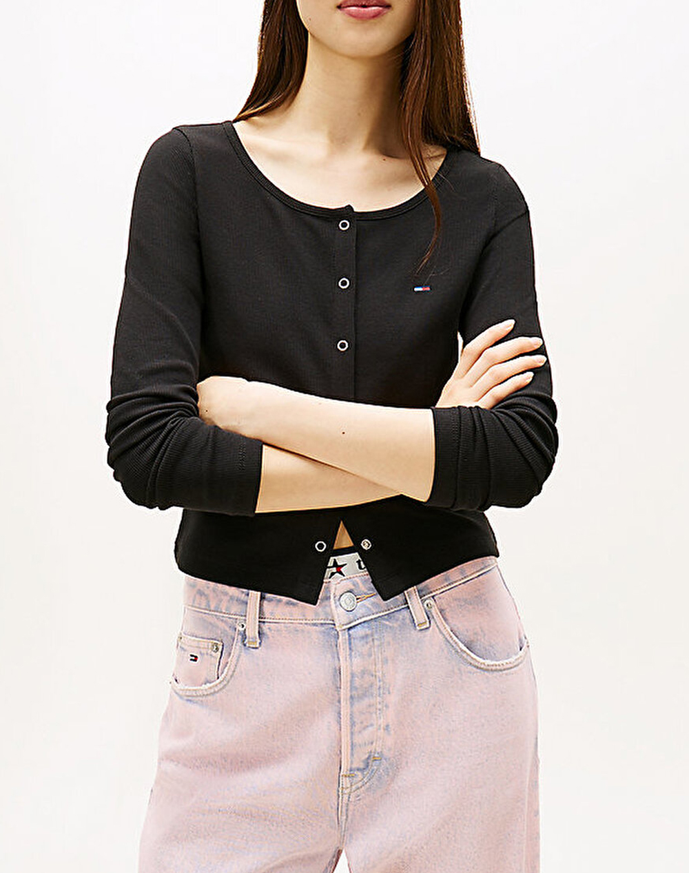 TOMMY JEANS TJW SLIM RIB SNAP BUTTON LS DW0DW22479-BDS Black