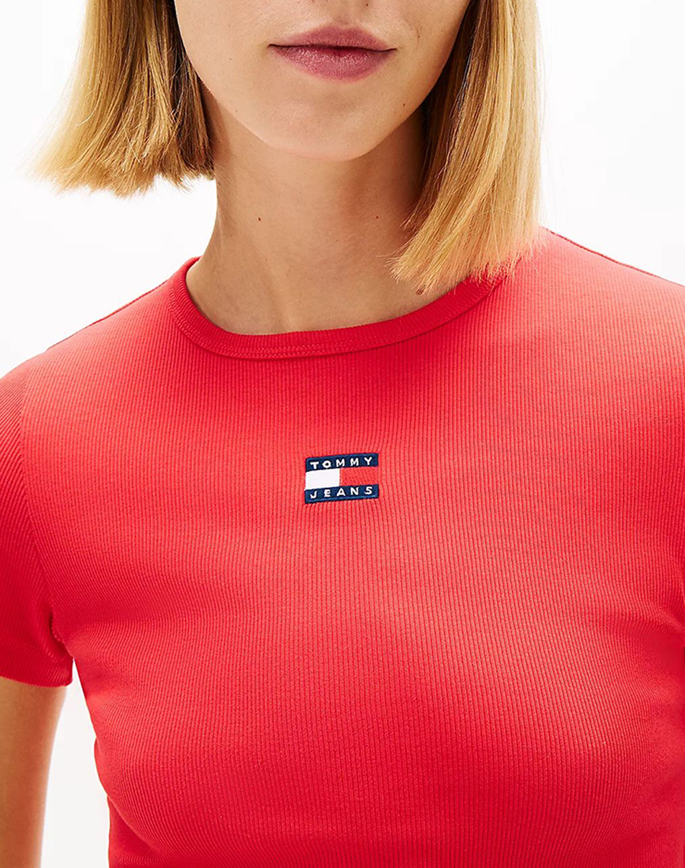 Tommy Jeans Tjw Slim Badge Rib Tee Dw0Dw17881-Xk3 Red Γυναικεία ρούχα μπλούζες Τ-Shirt Politikos Shop Πολιτικός