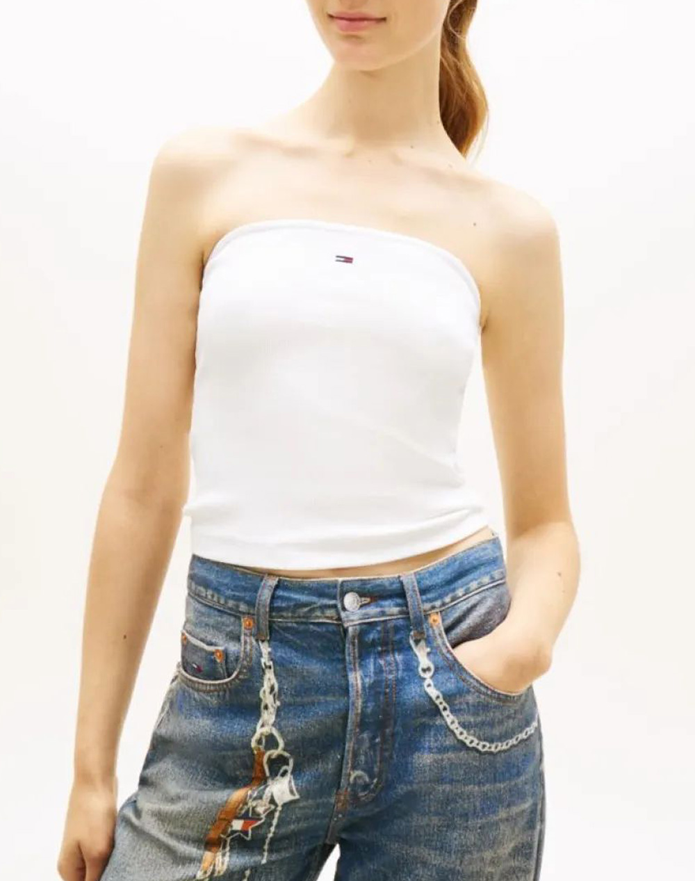 Tommy Jeans Γυναικείο Bandeau Top Εκρου Βαμβάκι Ελαστάνη
