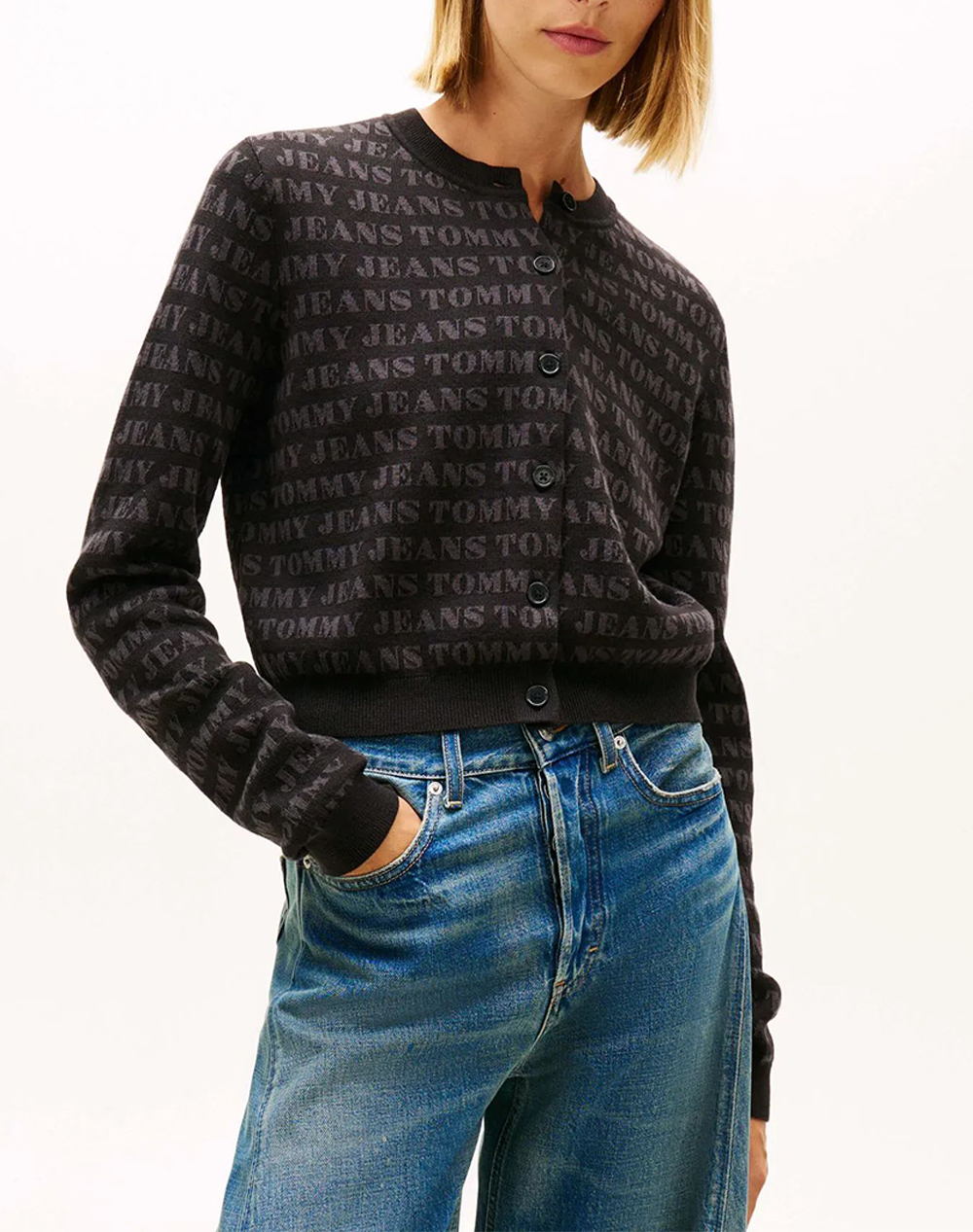 TOMMY JEANS TJW AOP CROP CREW CARDIGAN DW0DW22030-0GJ Black