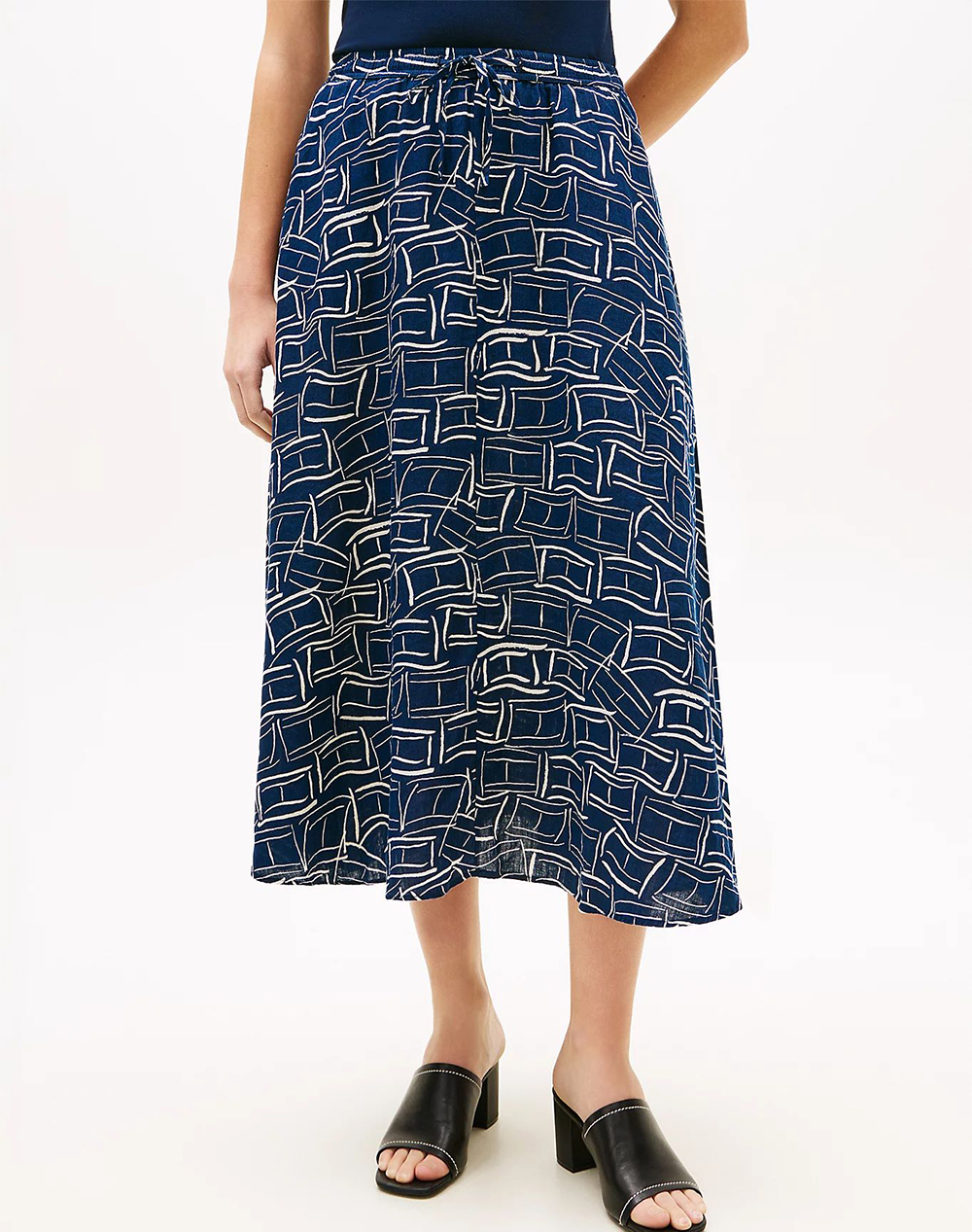 TOMMY HILFIGER ESS LINEN FLARE MIDI SKIRT WW0WW50753-0GY DarkBlue